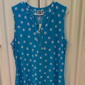 Anne Klein Women’s L Turquoise/White Polka Dot SleevelessTop 1/4 Zip Stretch NEW